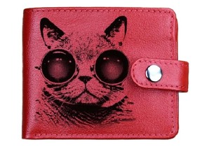 Кошелек на кнопке из натуральной кожи, 11×8,5×1,5 см, «Кот в очках», красный
