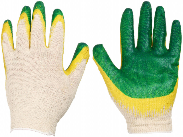Перчатки трикотажные с латексным покрытием белые с зеленым
