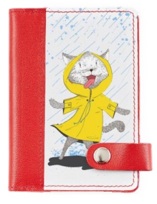 Обложка на автодокументы на кнопке комбинированная 10,5×14×0,8 см, «Кошка в дождевике», красная белая вставка