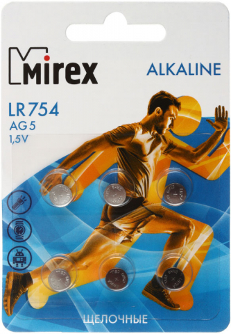 Батарейка щелочная дисковая Mirex Alkaline AG5, LR754, 1.5V, 6 шт.