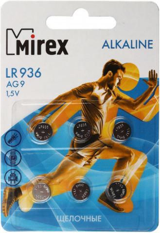 Батарейка щелочная дисковая Mirex Alkaline AG9, LR936, 1.5V, 6 шт.