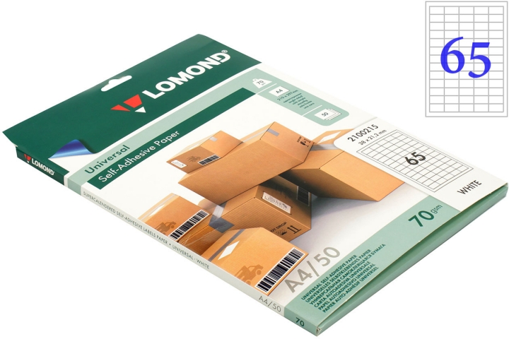 Бумага самоклеящаяся для изготовления этикеток Lomond А4, 65 шт., 38×21,2 мм, матовая, белая