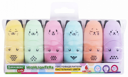 Набор маркеров-текстовыделителей Brauberg Kids, 6 цветов, Cute Cats Pastel