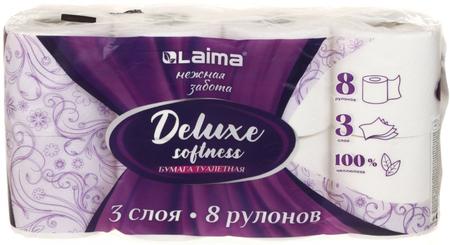 Бумага туалетная Laima Deluxe, 8 рулонов, ширина 95 мм, белая