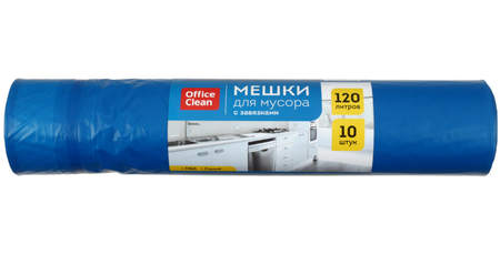 Пакеты для мусора OfficeClean (ПВД), 120 л, 10 шт., с завязками, синие