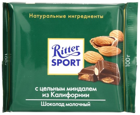 Шоколад Ritter Sport, 100 г, молочный шоколад с цельным миндалем