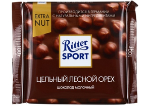 Шоколад Ritter Sport, 100 г, молочный шоколад с цельным лесным орехом