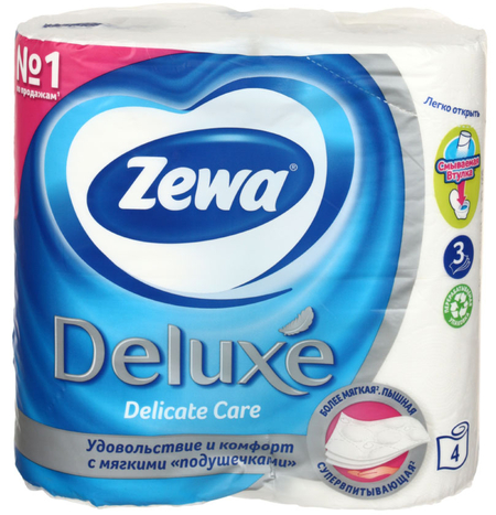 Бумага туалетная Zewa Deluxe, 4 рулона, ширина 95 мм, Pure White, белая