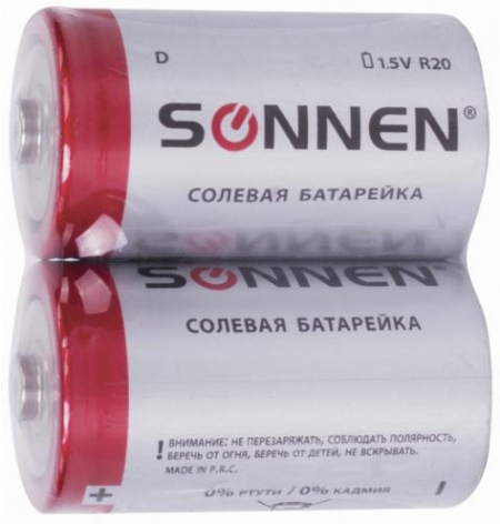 Батарейки солевые Sonnen, D, R20, 1.5V, 2 шт.