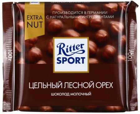 Шоколад Ritter Sport, 100 г, молочный шоколад с цельным лесным орехом 