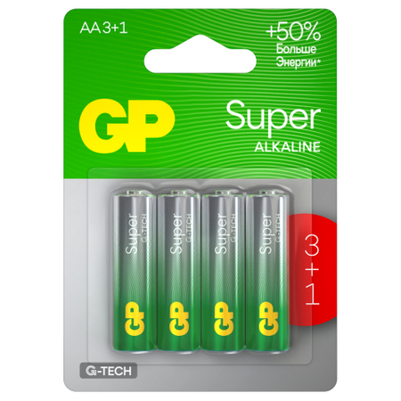 Батарейки щелочные GP Super G-Tech, AA, LR6, 1.5V, 4 шт.