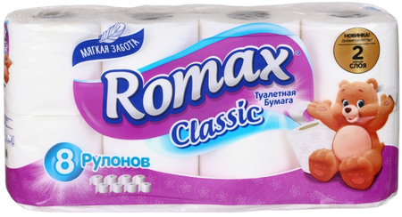 Бумага туалетная Romax Classic, 8 рулонов, ширина 100 мм, белая