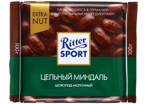 Шоколад Ritter Sport, 100 г, молочный шоколад с цельным миндалем (Extra Nut)