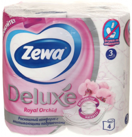 Бумага туалетная Zewa Deluxe, 4 рулона, ширина 95 мм, Royal Orchid, белая