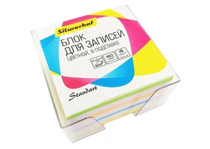 Бокс с бумагой для заметок Silwerhof Standart, 90×90×45 мм, непроклеенный, 4 цвета, бокс прозрачный