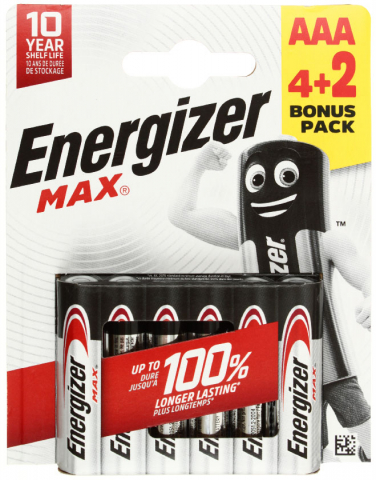 Батарейки щелочные Energizer Max, AAA, LR03, 1.5V, 6 шт.