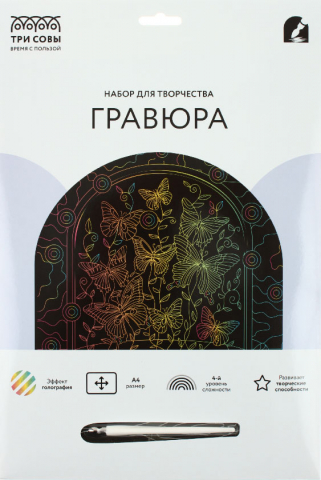 Набор для творчества «Гравюра. Три совы» А4, «Бабочки», с эффектом голографии