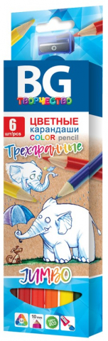 Карандаши цветные BG Jumbo, 6 цветов, длина 175 мм (с точилкой)