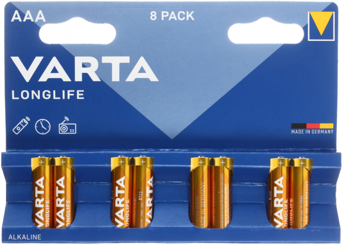 Батарейки щелочные Varta Longlife AAA, LR03, 1.5V, 8 шт.