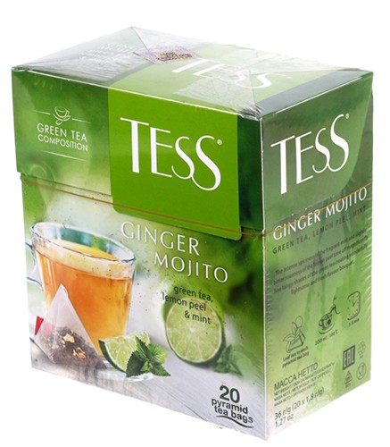 Чай Tess, 36 г, 20 пакетиков-пирамидок, Ginger Mojito, чай зеленый с цедрой лимона и мятой