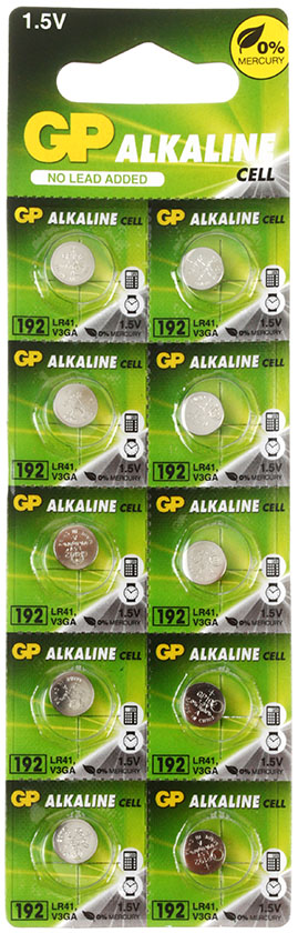 Батарейки щелочные дисковые GP Cell Alkaline LR41 (LR4, G3, V3GA, 192), 1.5V, 10 шт.