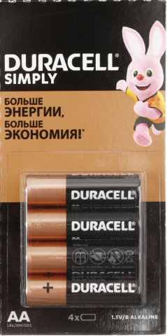 Батарейки щелочные Duracell Simply AA, LR6, 1.5V, 4 шт.