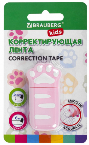 Корректирующий роллер Brauberg Kids, 5 мм*6 м, «Лапки», корпус розовый