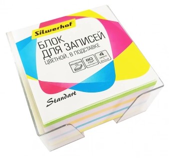 Бокс с бумагой для заметок Silwerhof Standart 90×90×45 мм, непроклеенный, 4 цвета, бокс прозрачный