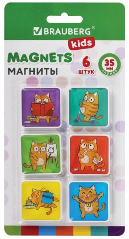 Магниты для досок Brauberg Kids, 35*35 мм, 6 шт., «Кот-энтузиаст»