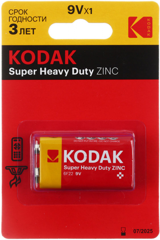 Батарейка солевая Kodak Super Heavy Duty Zinc, 6F22, 9V, тип «Крона»