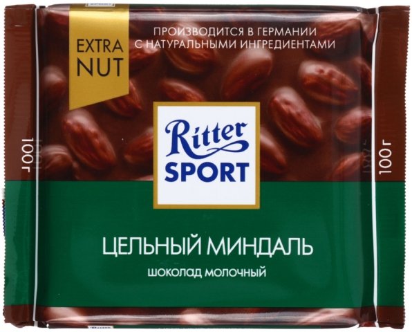 Шоколад Ritter Sport 100 г, молочный шоколад с цельным миндалем (Extra Nut)