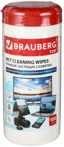 Салфетки чистящие для экранов и оптики (стекла) Brauberg Top, 100 шт., в тубе