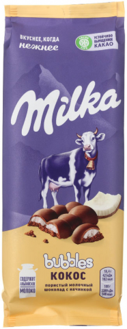 Шоколад Milka, 92 г, молочный пористый с кокосовой начинкой
