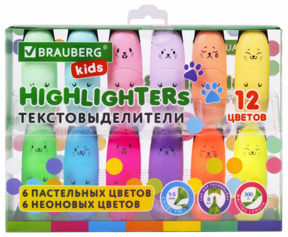 Набор маркеров-текстовыделителей Brauberg Kids 12 цветов, Cute Cats