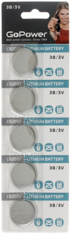 Батарейки литиевые дисковые GoPower, CR2032, 3V, 5 шт.