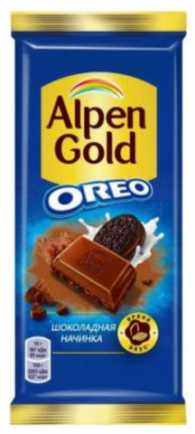 Шоколад Alpen Gold, 85 г, Oreo, молочный шоколад с кусочками печенья