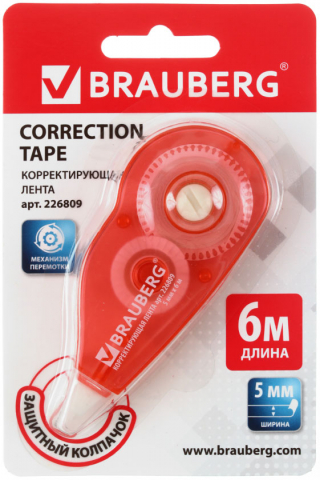 Корректирующий роллер Brauberg Standard размер ленты 5 мм×6 м, корпус прозрачный красный