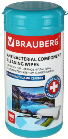 Салфетки чистящие для экранов и пластика «Антибактериальные» Brauberg, 100 шт., в тубе