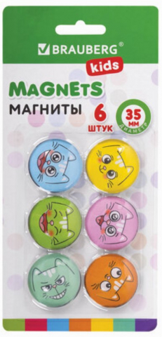 Магниты для досок Brauberg Kids диаметр 35 мм, 6 шт., «3D Коты»