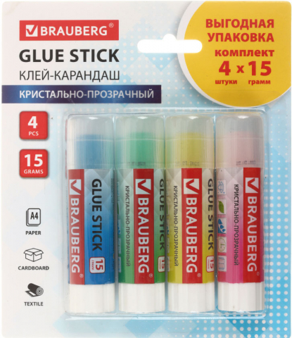 Клей-карандаш Brauberg Color Crystal, 4 шт.*15 г.