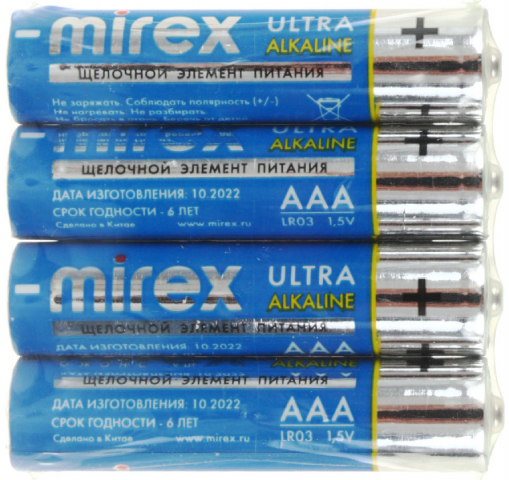 Батарейки щелочные Mirex Ultra Alkaline AAA, LR03, 1.5V, 4 шт.