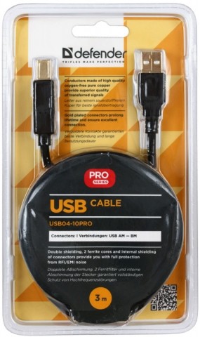 Кабель Defender USB04-10PRO USB2.0 AM-BM, 3 м, черный