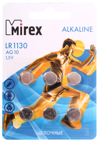 Батарейки щелочные дисковые Mirex Alkaline, AG10, LR1130, 1.5V, 6 шт.